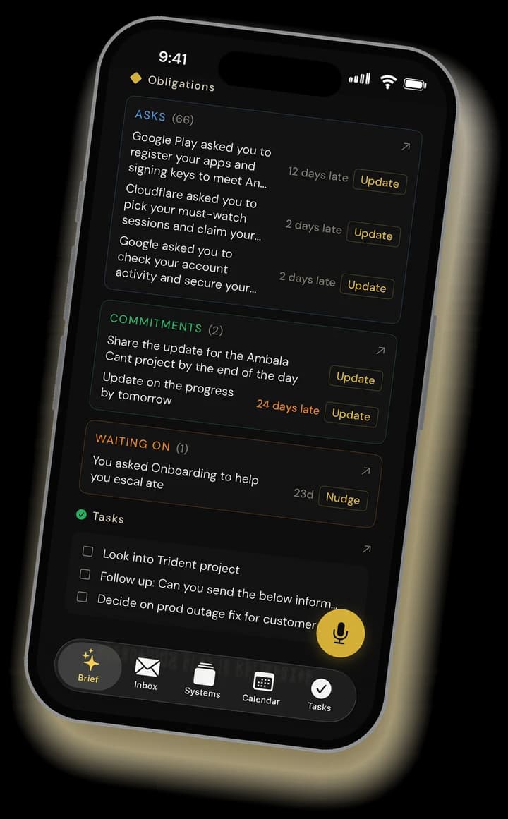 Obligations on iPhone: asks, commitments and waiting-on, with how late each one is