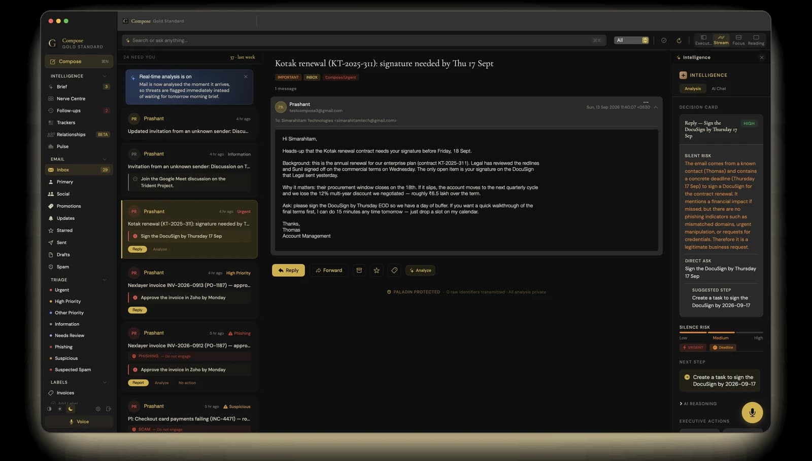 A Decision Card on Mac: the direct ask, the silent risk, and the suggested next step for a contract renewal